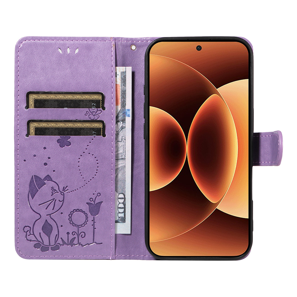 For Xiaomi 17 Pro Max Leather Wallet Case Cat Bee Pattern Phone Cover Stand - Purple