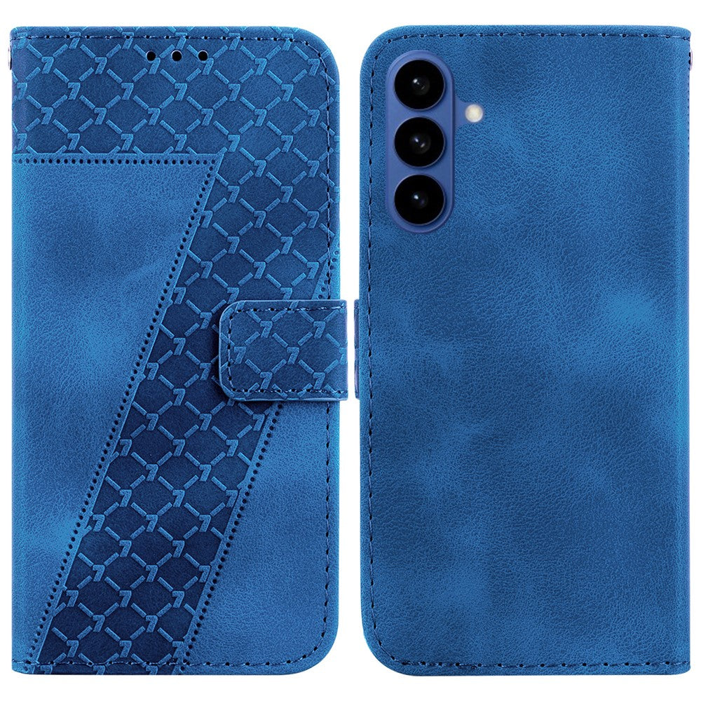 For-Samsung-Galaxy-S26-/-S26-Pro-Stand-Case-7-Shaped-Pattern-Imprint-Leather-Phone-Cover-with-Strap-Dark-Blue
