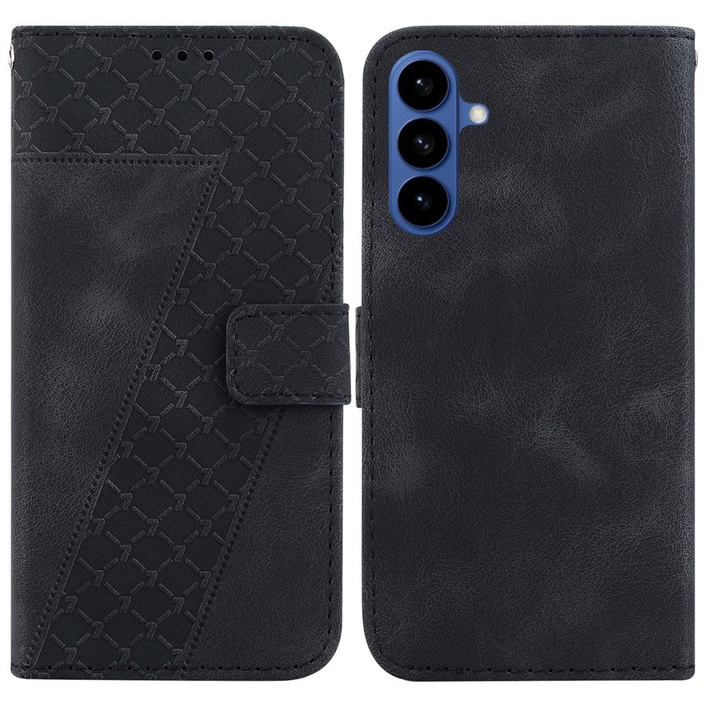 For-Samsung-Galaxy-S26-/-S26-Pro-Stand-Case-7-Shaped-Pattern-Imprint-Leather-Phone-Cover-with-Strap-Black