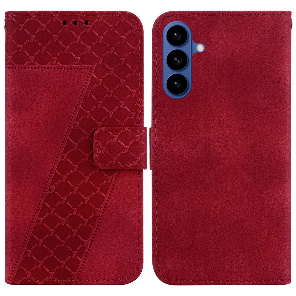 For-Samsung-Galaxy-S26-/-S26-Pro-Stand-Case-7-Shaped-Pattern-Imprint-Leather-Phone-Cover-with-Strap-Red