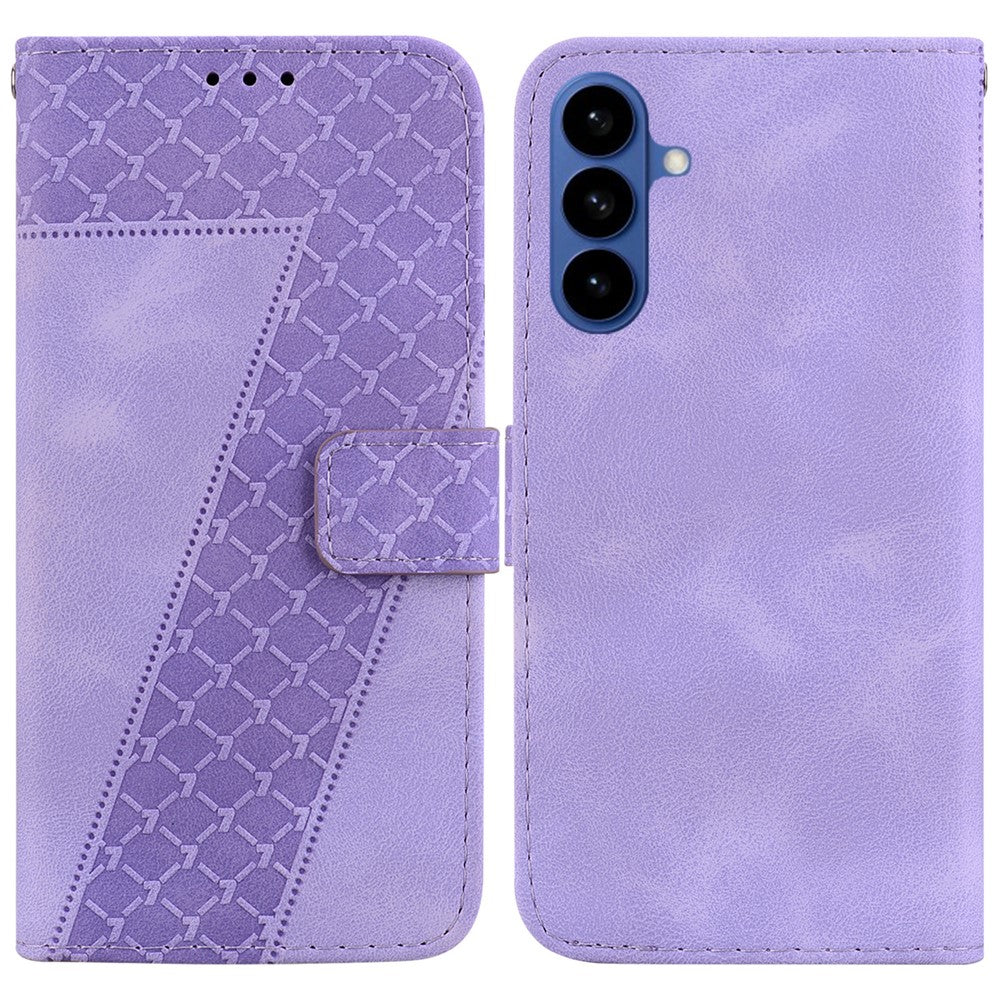 For-Samsung-Galaxy-S26-/-S26-Pro-Stand-Case-7-Shaped-Pattern-Imprint-Leather-Phone-Cover-with-Strap-Purple