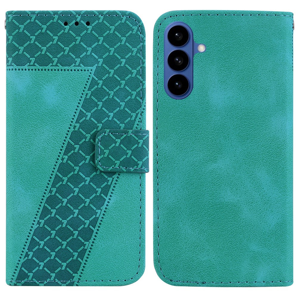 For-Samsung-Galaxy-S26-/-S26-Pro-Stand-Case-7-Shaped-Pattern-Imprint-Leather-Phone-Cover-with-Strap-Green
