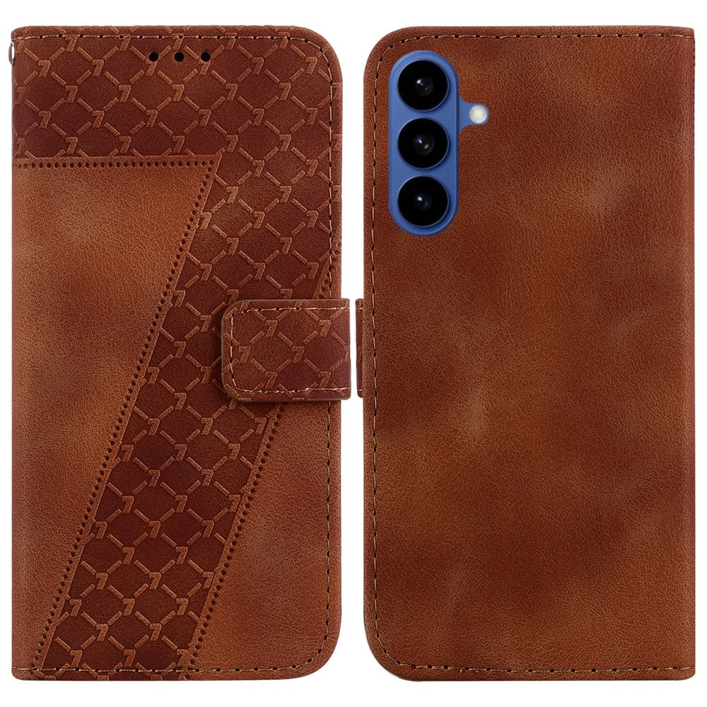 For-Samsung-Galaxy-S26-/-S26-Pro-Stand-Case-7-Shaped-Pattern-Imprint-Leather-Phone-Cover-with-Strap-Brown