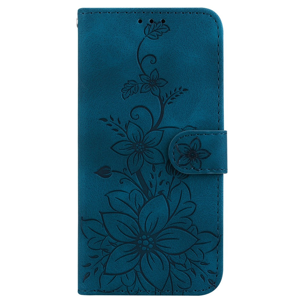 For-Samsung-Galaxy-S26-/-S26-Pro-Stand-Case-Lily-Flower-Imprint-Leather-Phone-Cover-with-Wrist-Strap-Dark-Blue