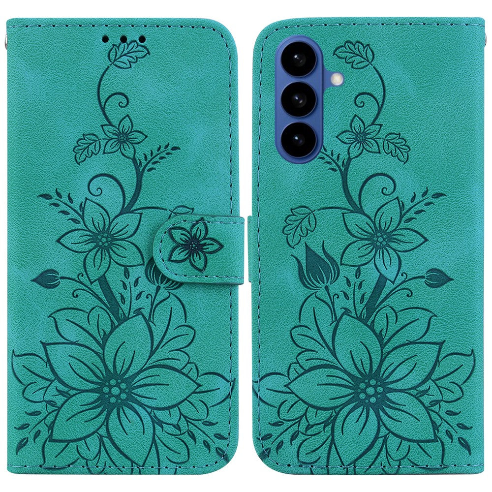 For-Samsung-Galaxy-S26-/-S26-Pro-Stand-Case-Lily-Flower-Imprint-Leather-Phone-Cover-with-Wrist-Strap-Green