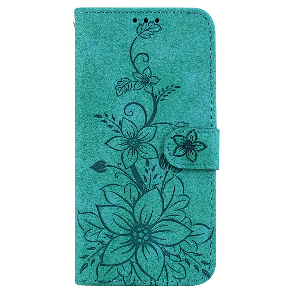 For-Samsung-Galaxy-S26-/-S26-Pro-Stand-Case-Lily-Flower-Imprint-Leather-Phone-Cover-with-Wrist-Strap-Green