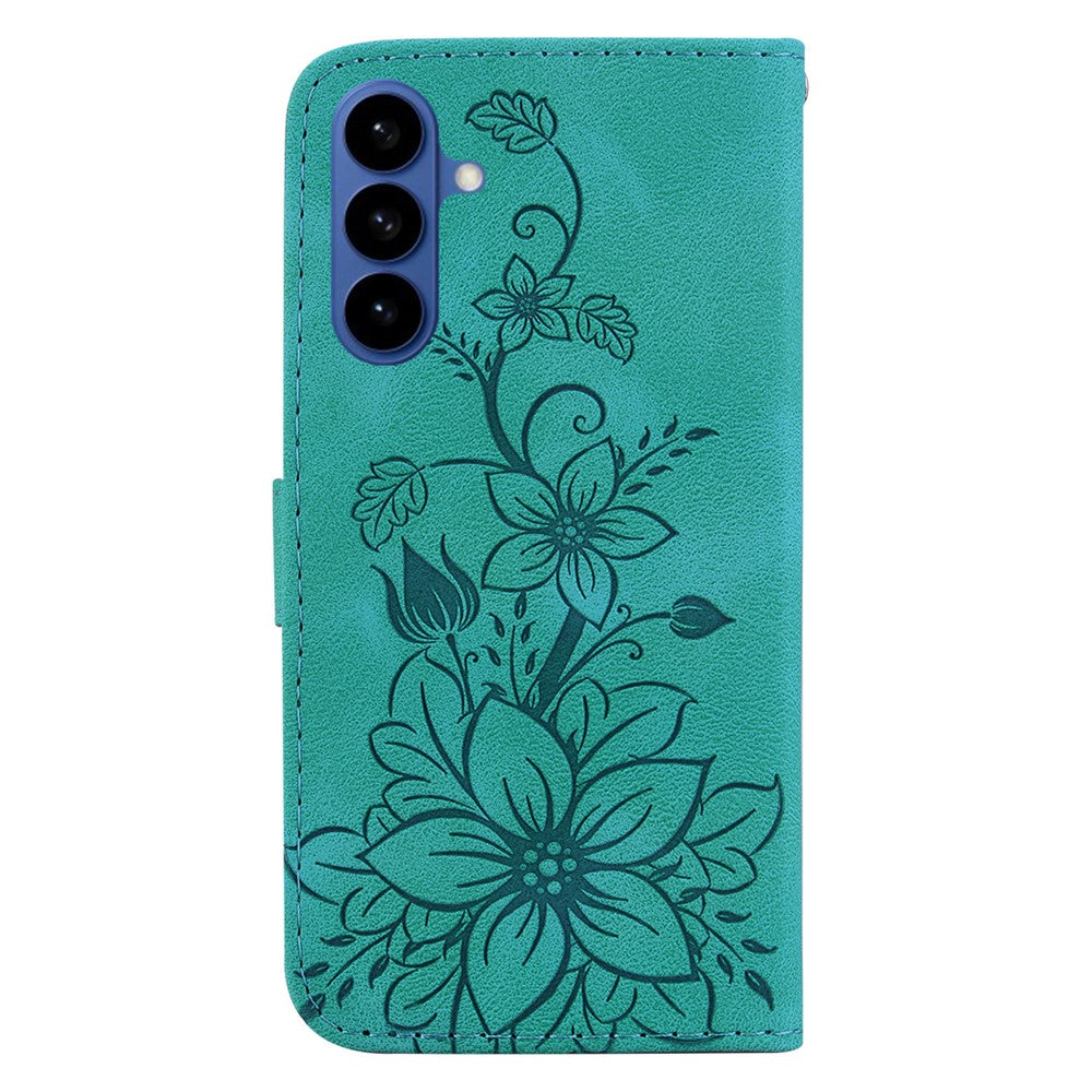 For-Samsung-Galaxy-S26-/-S26-Pro-Stand-Case-Lily-Flower-Imprint-Leather-Phone-Cover-with-Wrist-Strap-Green