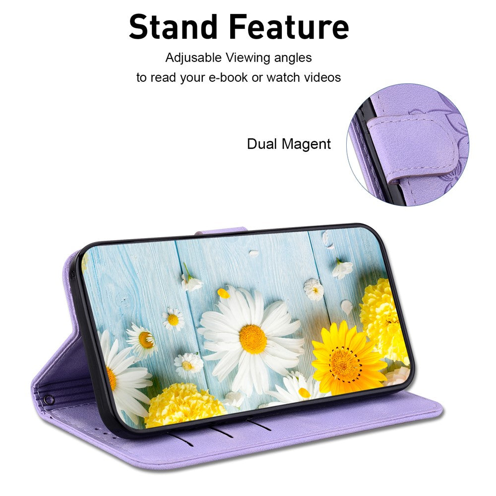 For-Samsung-Galaxy-S26-/-S26-Pro-Stand-Case-Lily-Flower-Imprint-Leather-Phone-Cover-with-Wrist-Strap-Purple