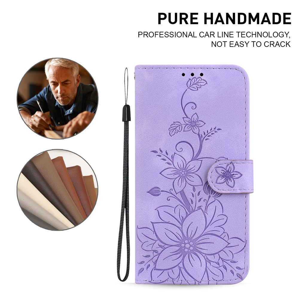 For-Samsung-Galaxy-S26-/-S26-Pro-Stand-Case-Lily-Flower-Imprint-Leather-Phone-Cover-with-Wrist-Strap-Purple