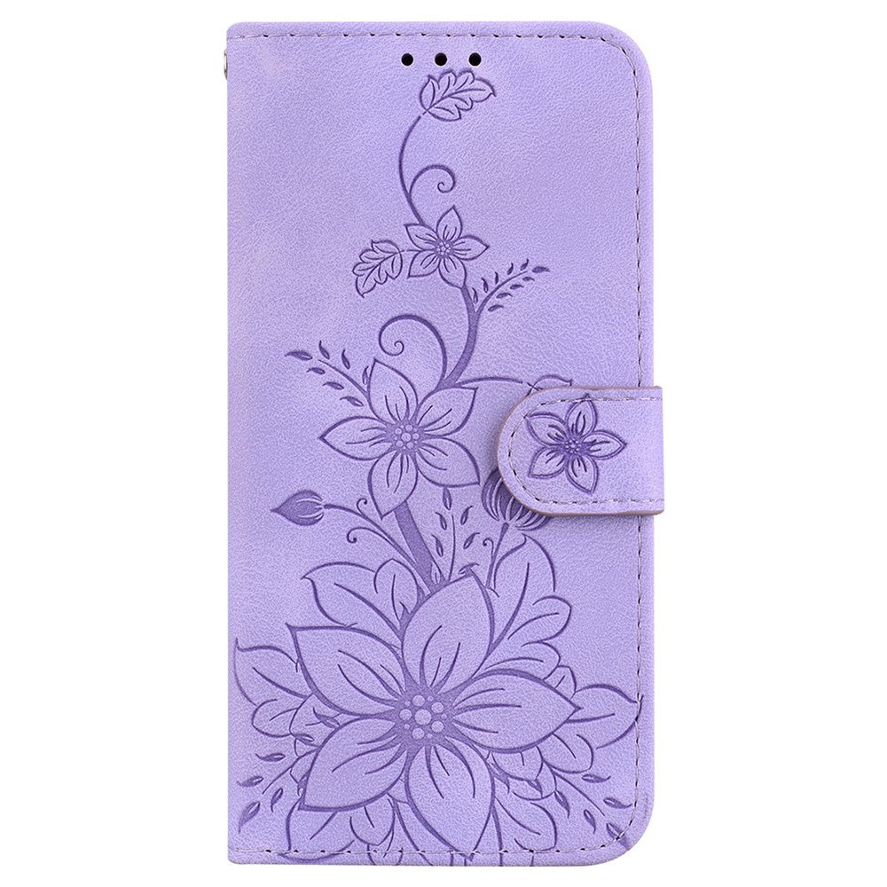 For-Samsung-Galaxy-S26-/-S26-Pro-Stand-Case-Lily-Flower-Imprint-Leather-Phone-Cover-with-Wrist-Strap-Purple