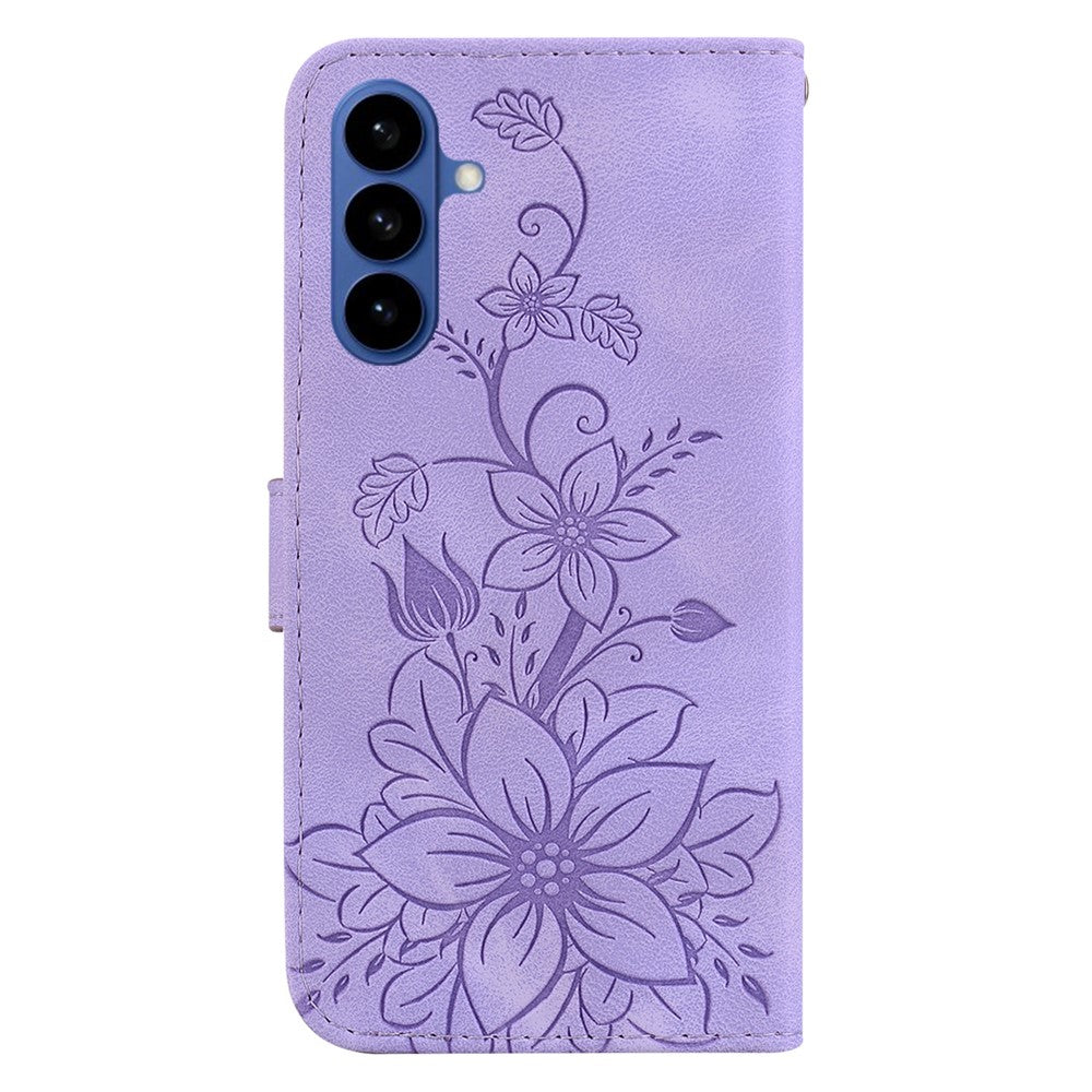 For-Samsung-Galaxy-S26-/-S26-Pro-Stand-Case-Lily-Flower-Imprint-Leather-Phone-Cover-with-Wrist-Strap-Purple