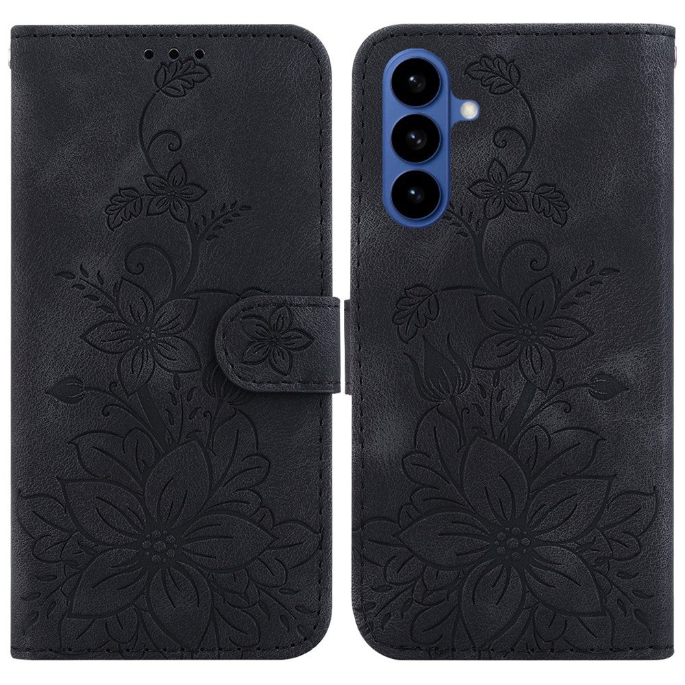 For-Samsung-Galaxy-S26-/-S26-Pro-Stand-Case-Lily-Flower-Imprint-Leather-Phone-Cover-with-Wrist-Strap-Black