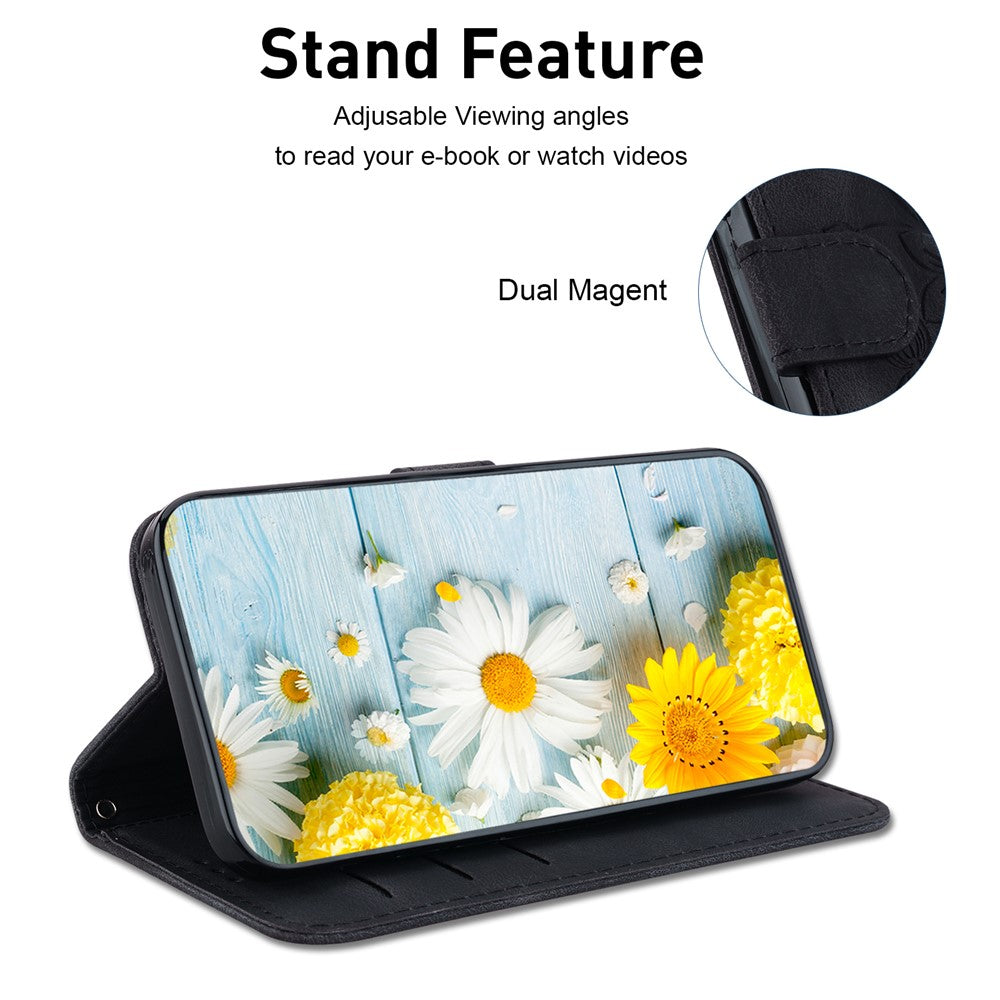 For-Samsung-Galaxy-S26-/-S26-Pro-Stand-Case-Lily-Flower-Imprint-Leather-Phone-Cover-with-Wrist-Strap-Black