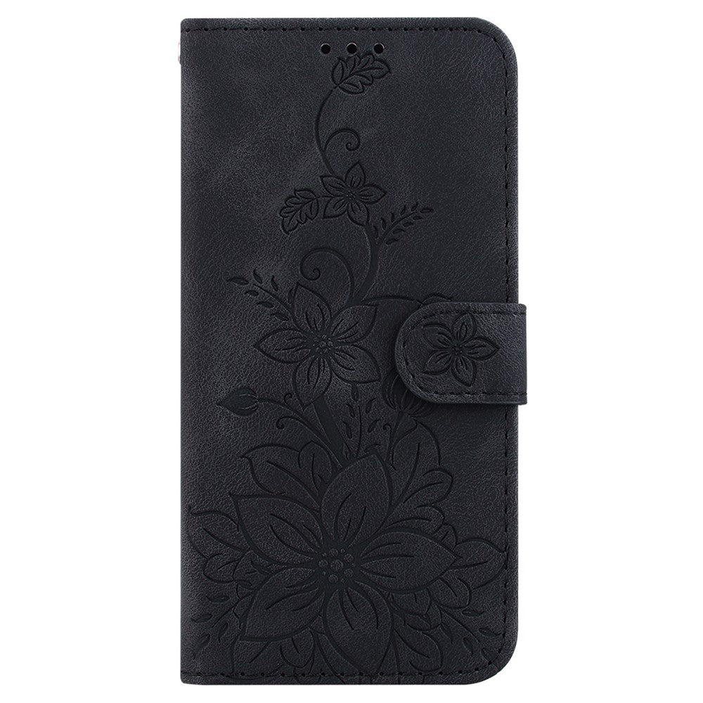 For-Samsung-Galaxy-S26-/-S26-Pro-Stand-Case-Lily-Flower-Imprint-Leather-Phone-Cover-with-Wrist-Strap-Black
