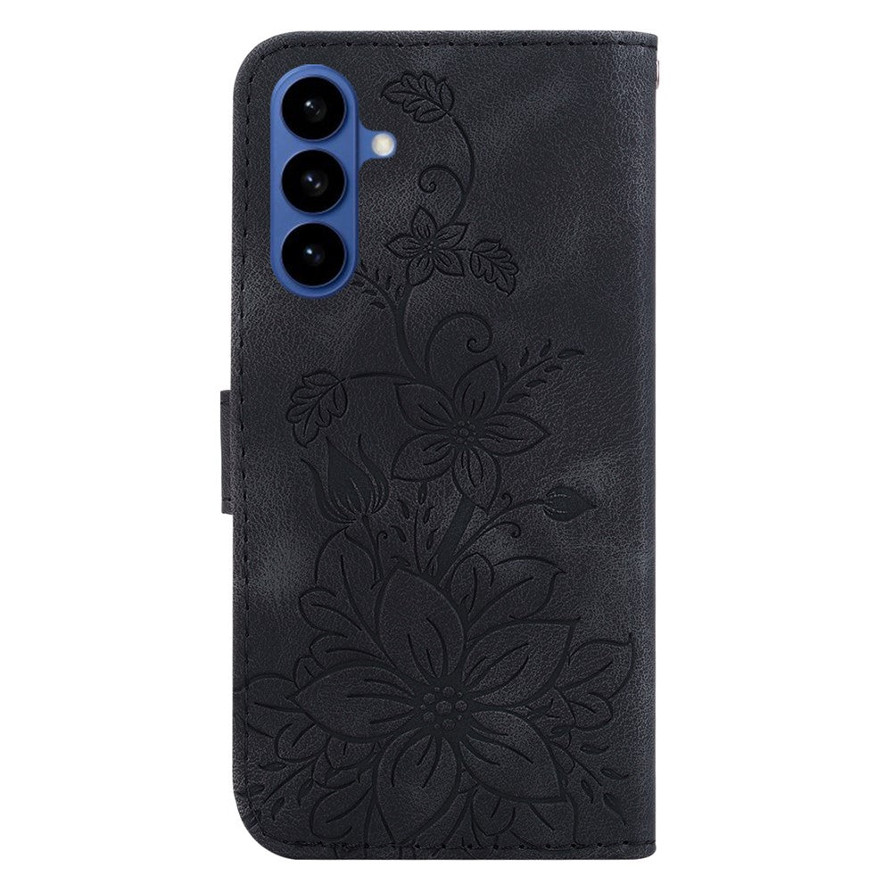 For-Samsung-Galaxy-S26-/-S26-Pro-Stand-Case-Lily-Flower-Imprint-Leather-Phone-Cover-with-Wrist-Strap-Black
