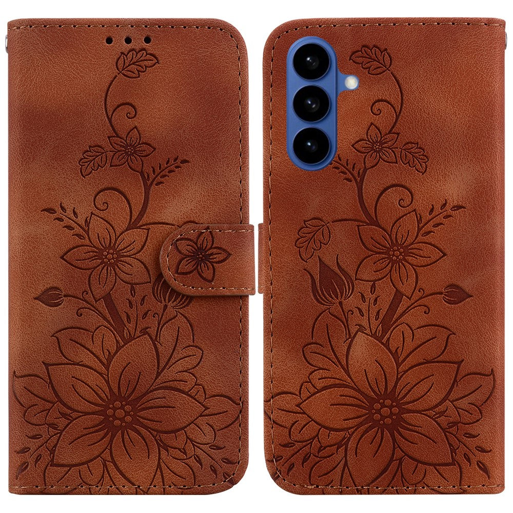 For-Samsung-Galaxy-S26-/-S26-Pro-Stand-Case-Lily-Flower-Imprint-Leather-Phone-Cover-with-Wrist-Strap-Brown