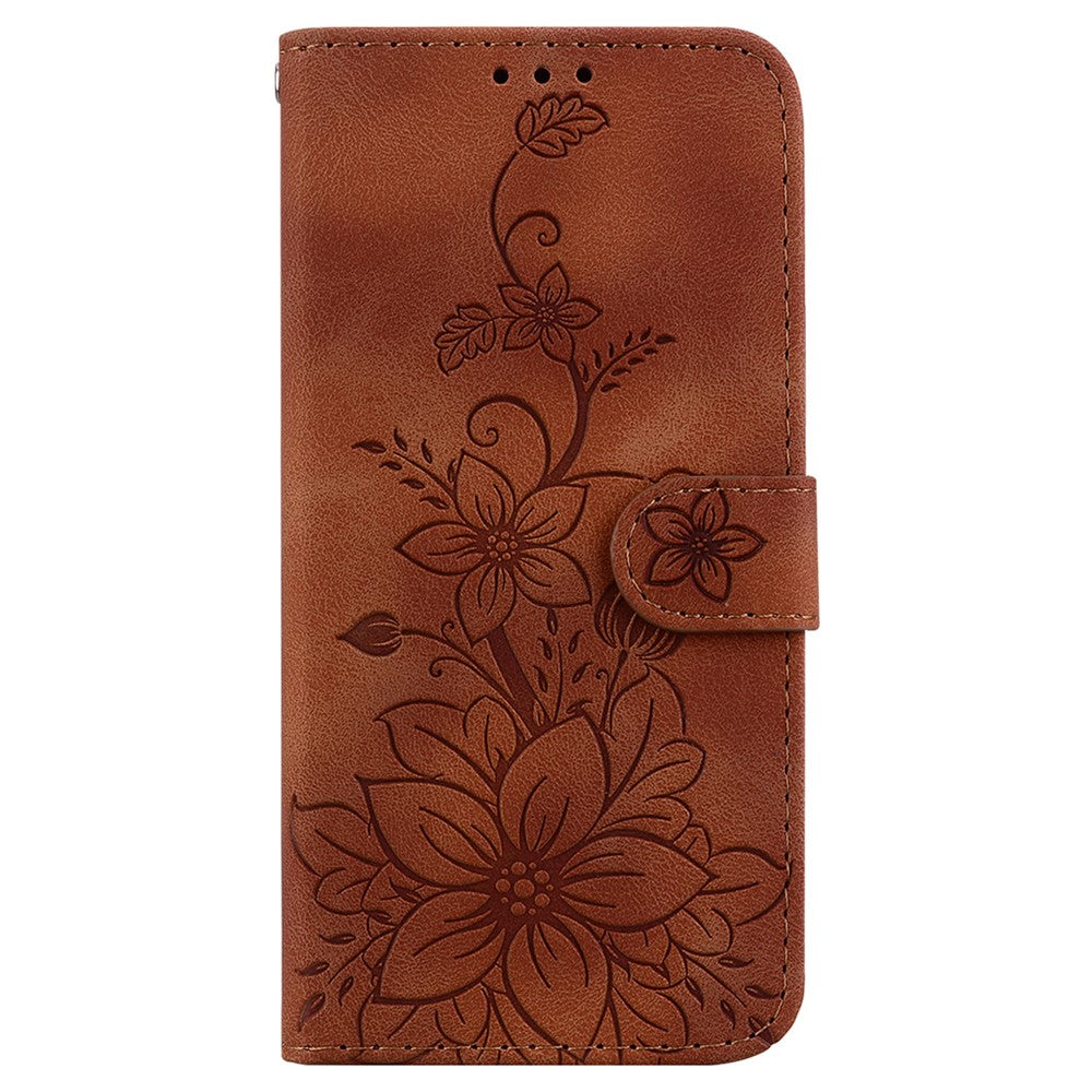 For-Samsung-Galaxy-S26-/-S26-Pro-Stand-Case-Lily-Flower-Imprint-Leather-Phone-Cover-with-Wrist-Strap-Brown