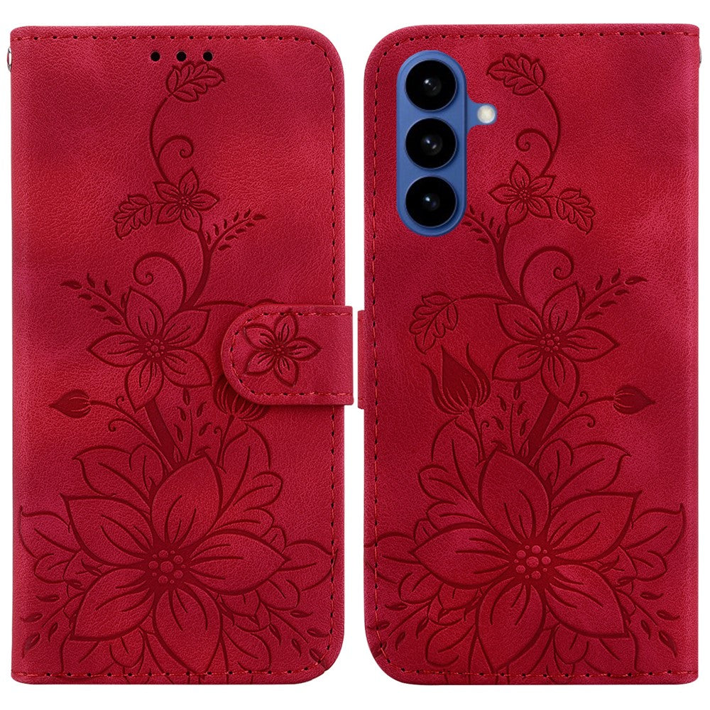 For-Samsung-Galaxy-S26-/-S26-Pro-Stand-Case-Lily-Flower-Imprint-Leather-Phone-Cover-with-Wrist-Strap-Red