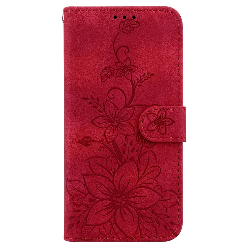 For-Samsung-Galaxy-S26-/-S26-Pro-Stand-Case-Lily-Flower-Imprint-Leather-Phone-Cover-with-Wrist-Strap-Red