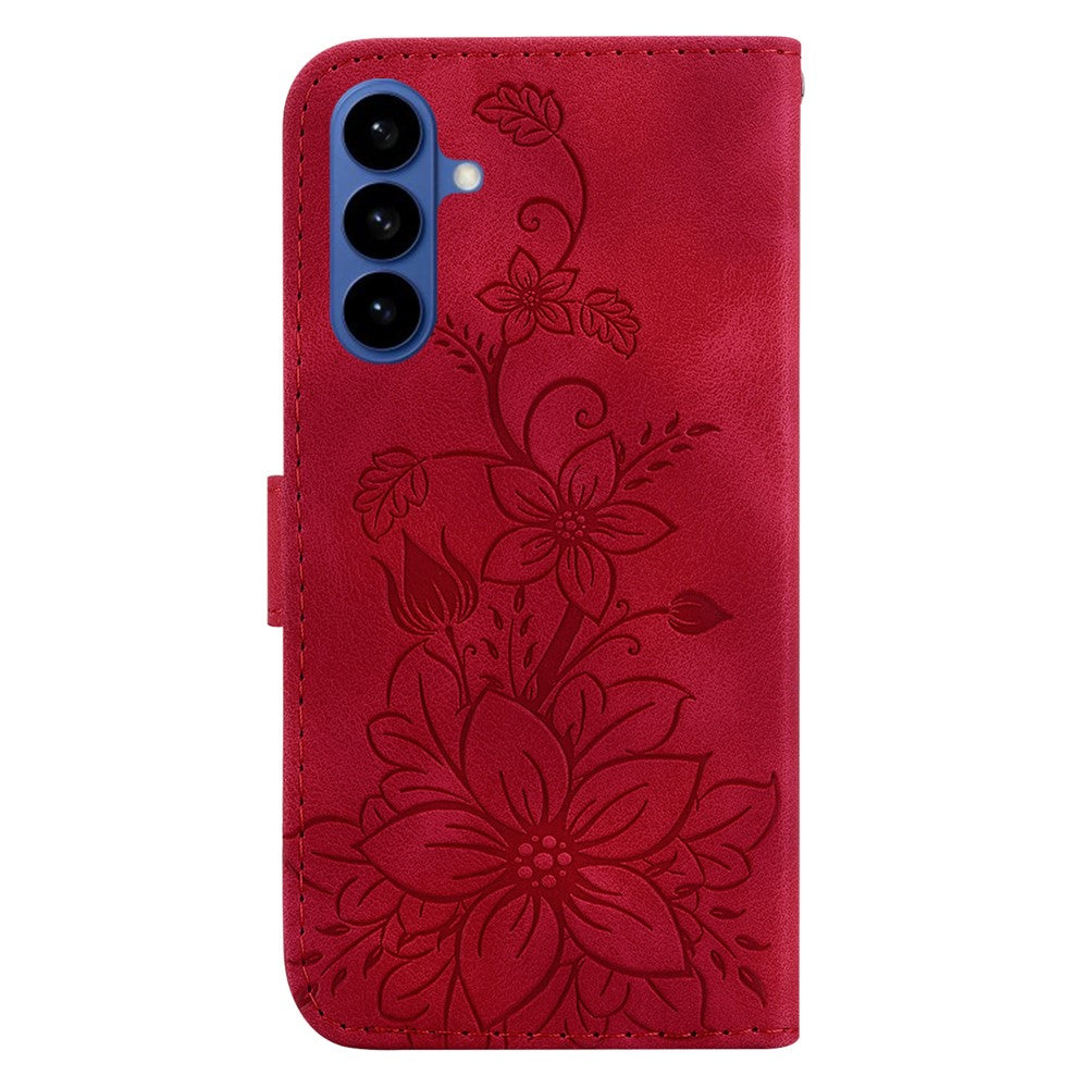 For-Samsung-Galaxy-S26-/-S26-Pro-Stand-Case-Lily-Flower-Imprint-Leather-Phone-Cover-with-Wrist-Strap-Red