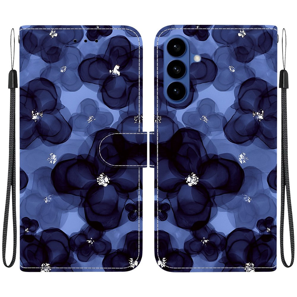 For-Samsung-Galaxy-S26-/-S26-Pro-Wallet-Case-Pattern-Printing-Leather-Stand-Phone-Cover-with-Strap-Ink-Blue-Flower