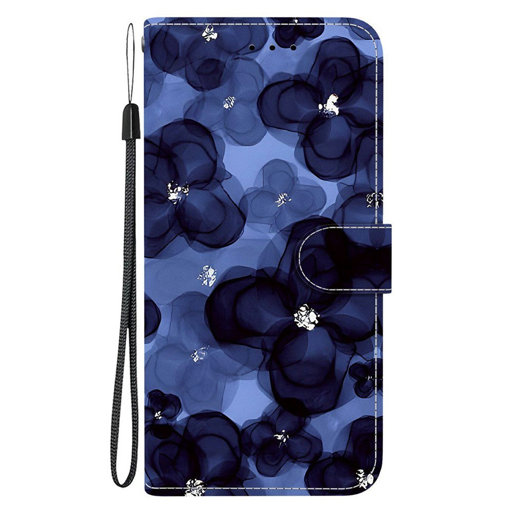 For-Samsung-Galaxy-S26-/-S26-Pro-Wallet-Case-Pattern-Printing-Leather-Stand-Phone-Cover-with-Strap-Ink-Blue-Flower