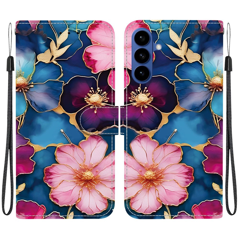 For-Samsung-Galaxy-S26-/-S26-Pro-Wallet-Case-Pattern-Printing-Leather-Stand-Phone-Cover-with-Strap-Blue-Gold-Flower