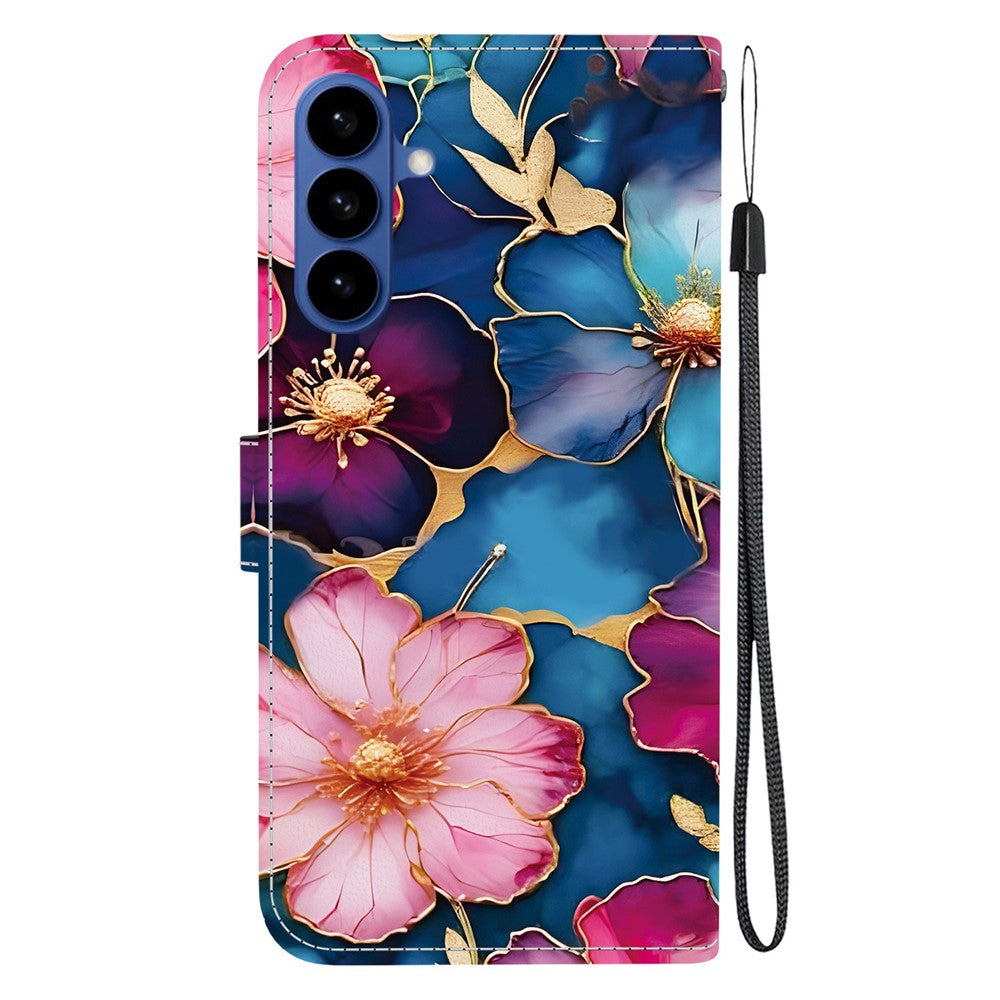 For-Samsung-Galaxy-S26-/-S26-Pro-Wallet-Case-Pattern-Printing-Leather-Stand-Phone-Cover-with-Strap-Blue-Gold-Flower