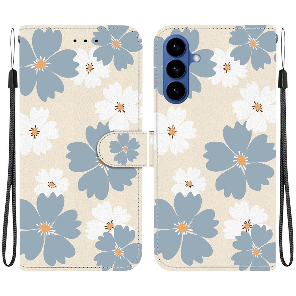 For-Samsung-Galaxy-S26-/-S26-Pro-Wallet-Case-Pattern-Printing-Leather-Stand-Phone-Cover-with-Strap-Blue-Daisy