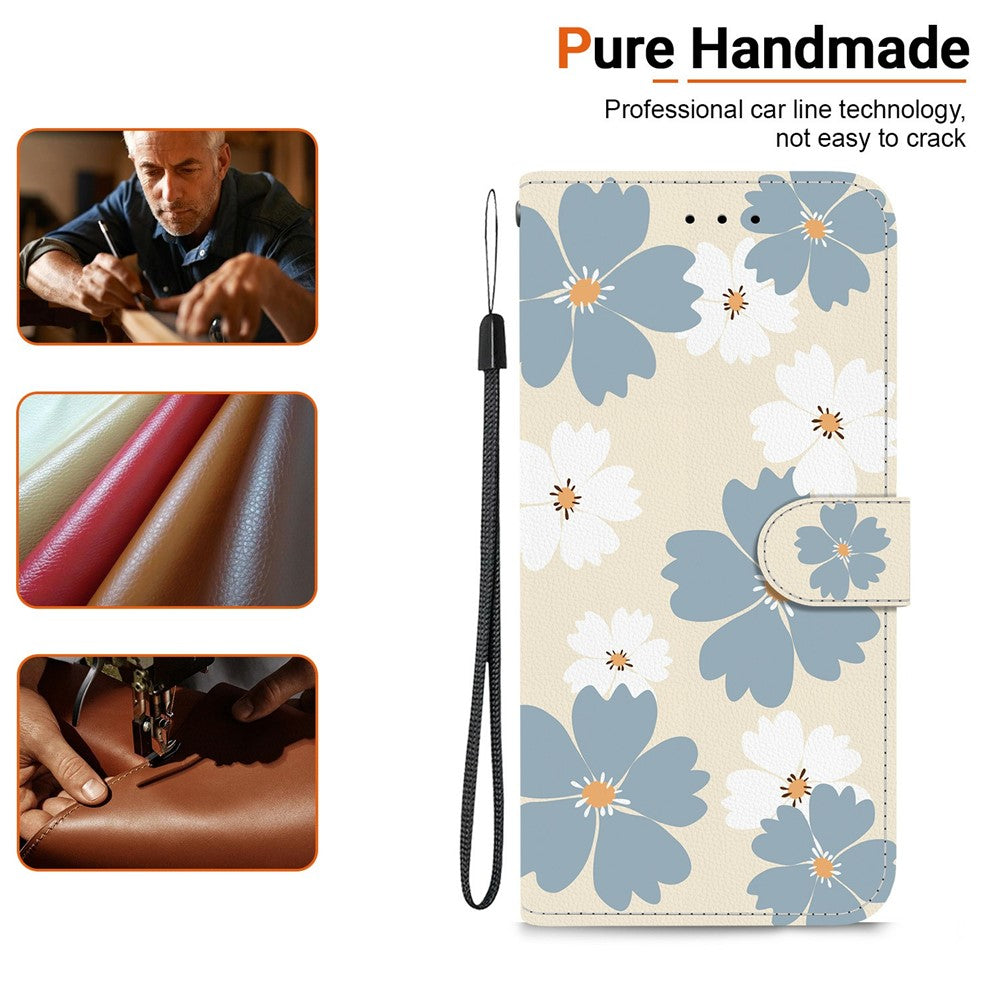 For-Samsung-Galaxy-S26-/-S26-Pro-Wallet-Case-Pattern-Printing-Leather-Stand-Phone-Cover-with-Strap-Blue-Daisy