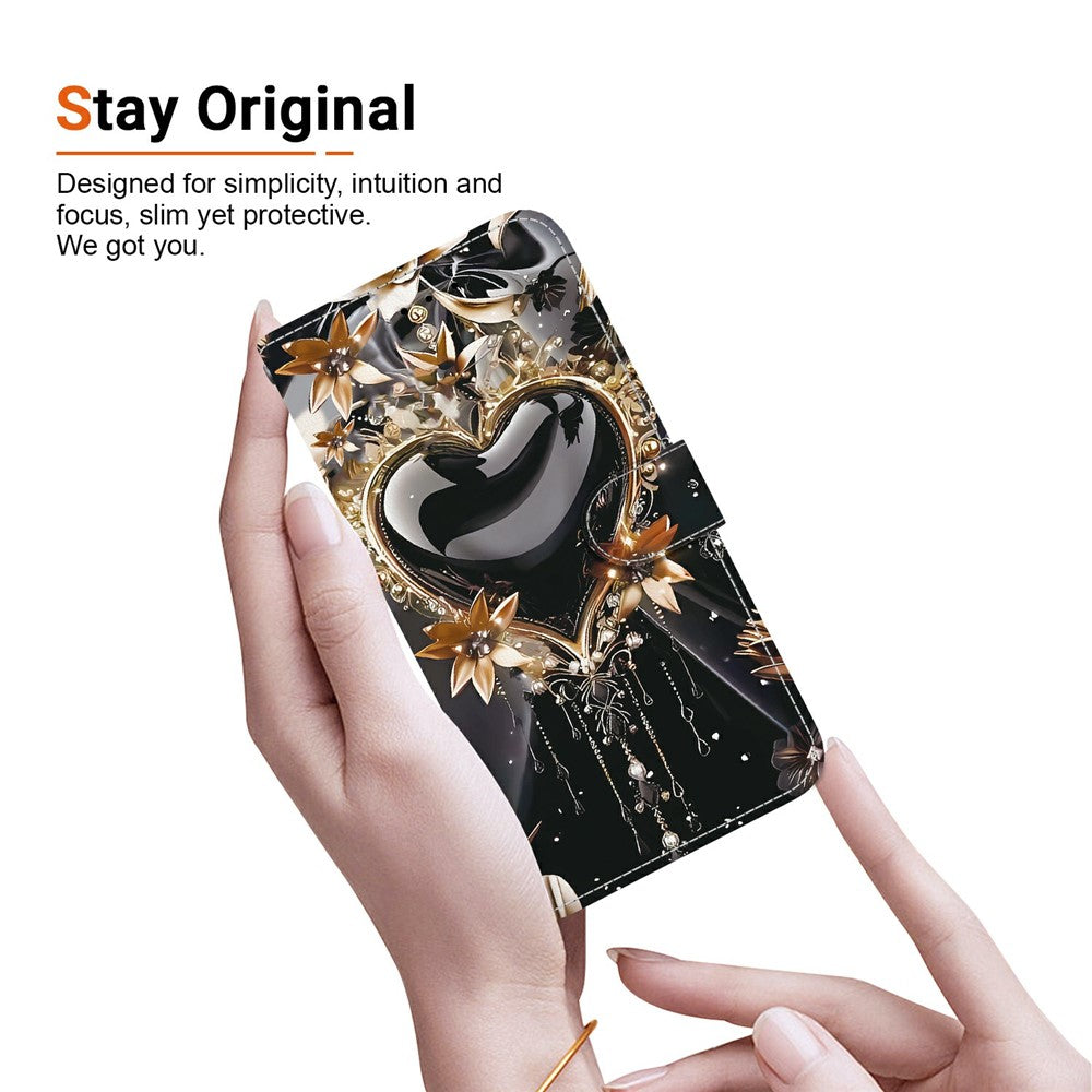 For-Samsung-Galaxy-S26-/-S26-Pro-Wallet-Case-Pattern-Printing-Leather-Stand-Phone-Cover-with-Strap-Black-Gold-Heart