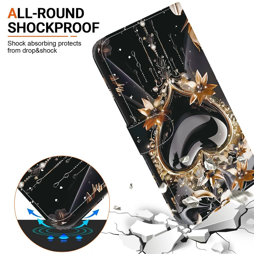 For-Samsung-Galaxy-S26-/-S26-Pro-Wallet-Case-Pattern-Printing-Leather-Stand-Phone-Cover-with-Strap-Black-Gold-Heart