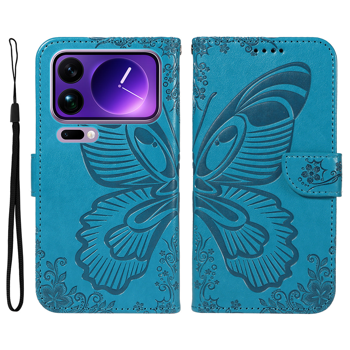 For Xiaomi 17 Pro Max Case Butterfly Pattern PU Leather Folio Flip Phone Cover -  Blue