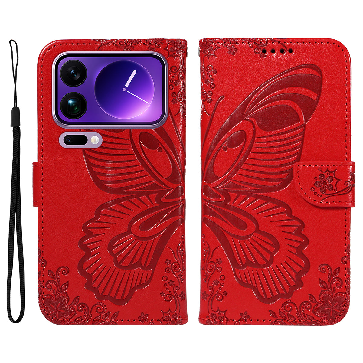 For Xiaomi 17 Pro Max Case Butterfly Pattern PU Leather Folio Flip Phone Cover -  Red