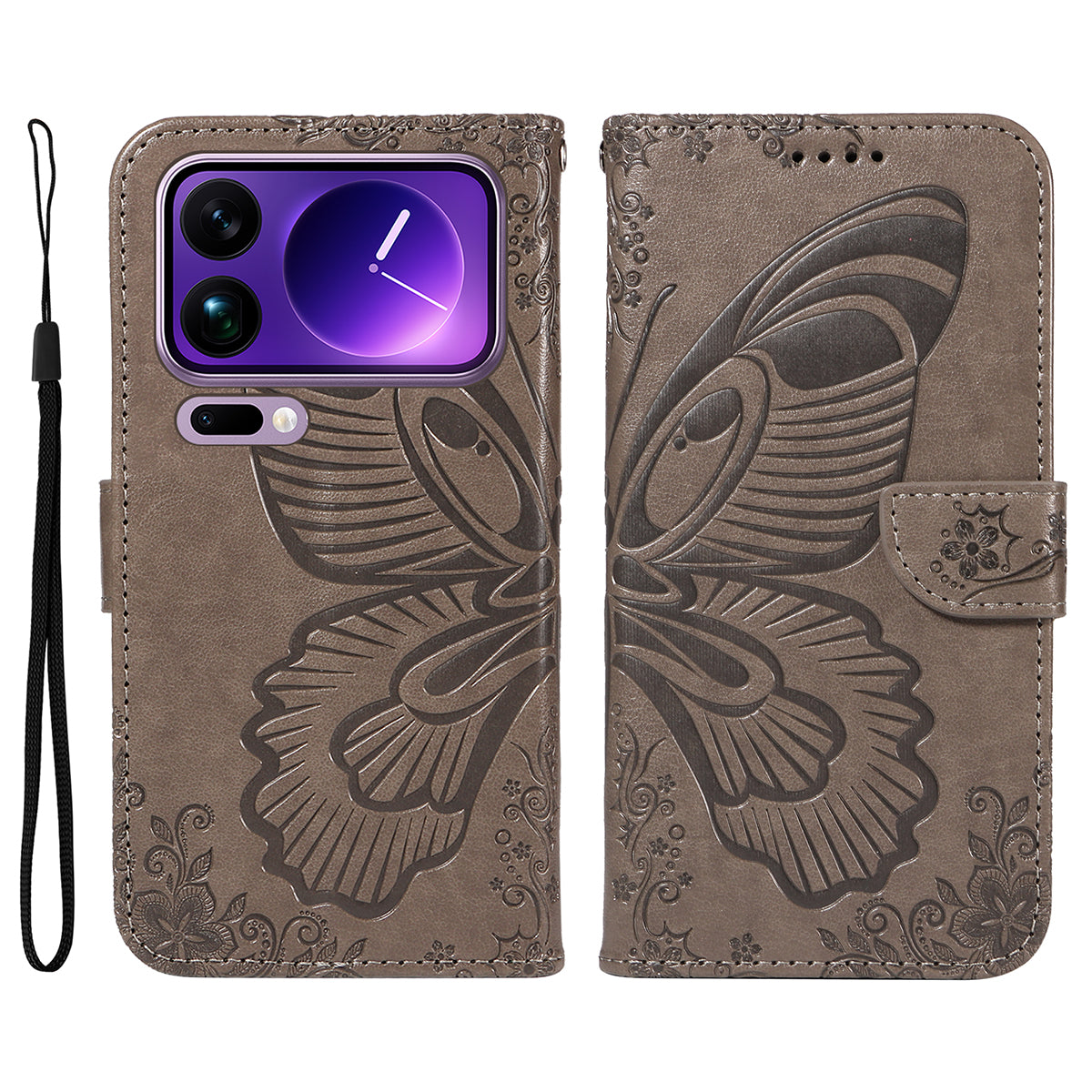 For Xiaomi 17 Pro Max Case Butterfly Pattern PU Leather Folio Flip Phone Cover - Grey