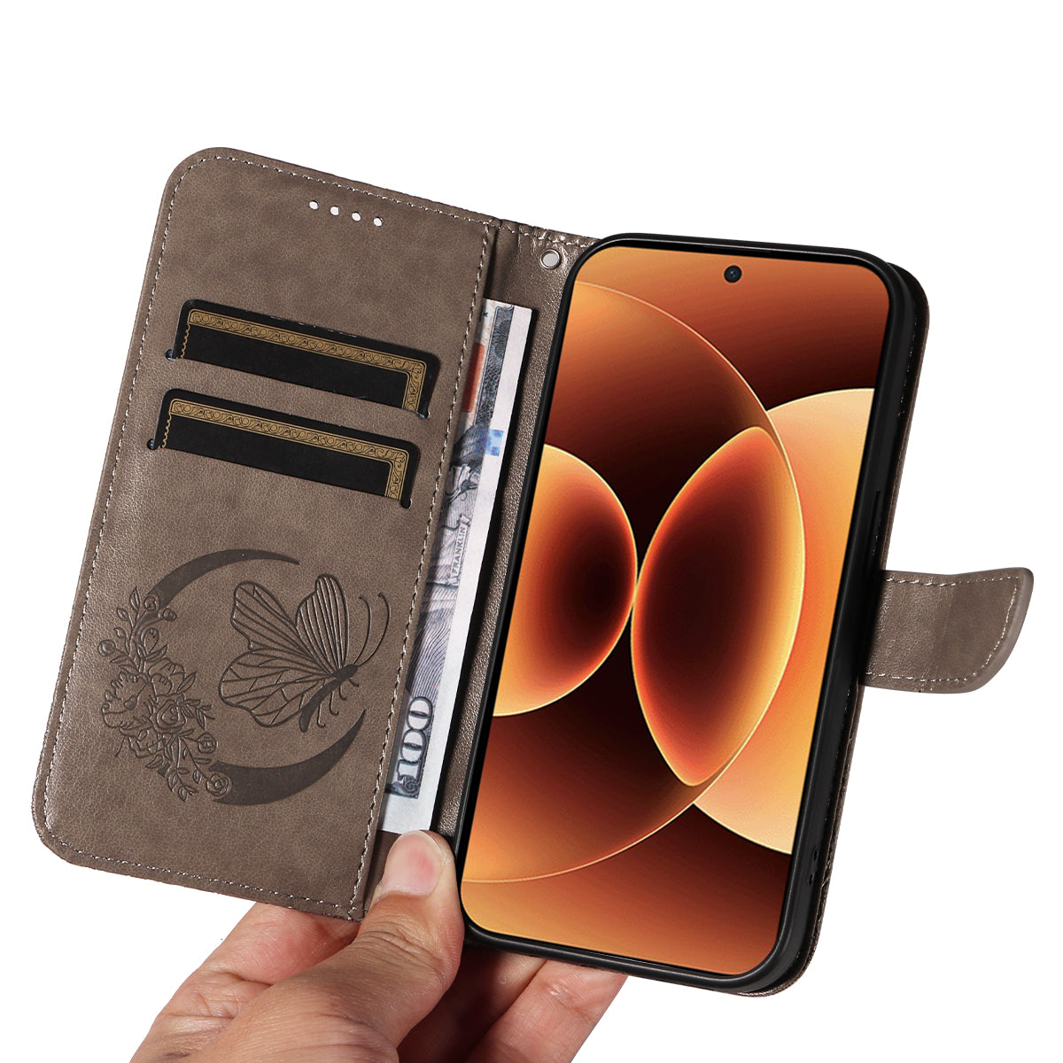 For Xiaomi 17 Pro Max Case Butterfly Pattern PU Leather Folio Flip Phone Cover - Grey