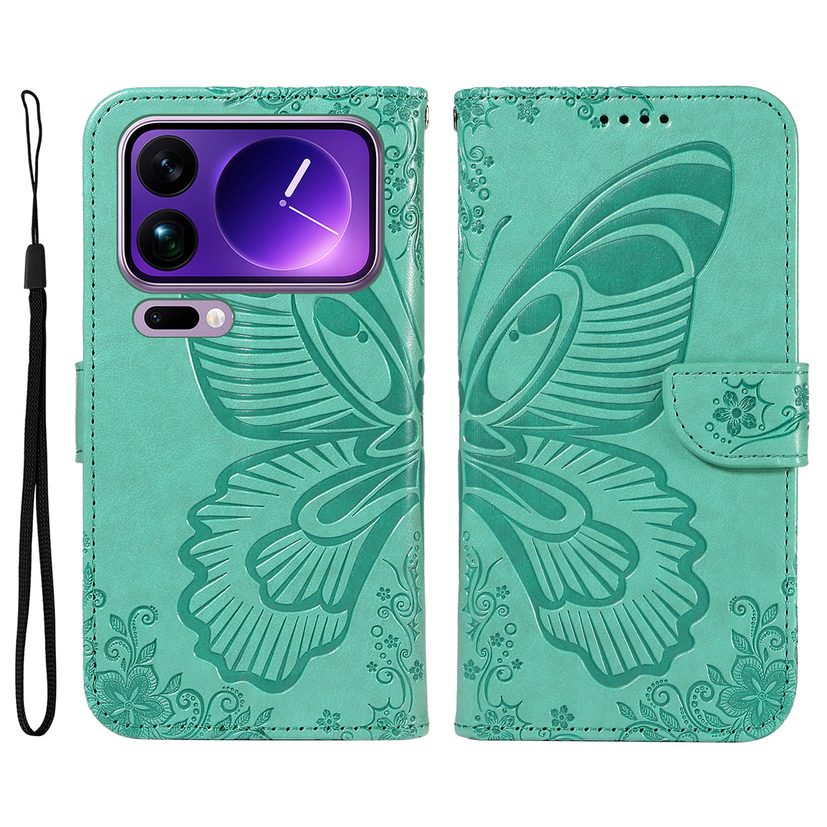 For Xiaomi 17 Pro Max Case Butterfly Pattern PU Leather Folio Flip Phone Cover -  Green