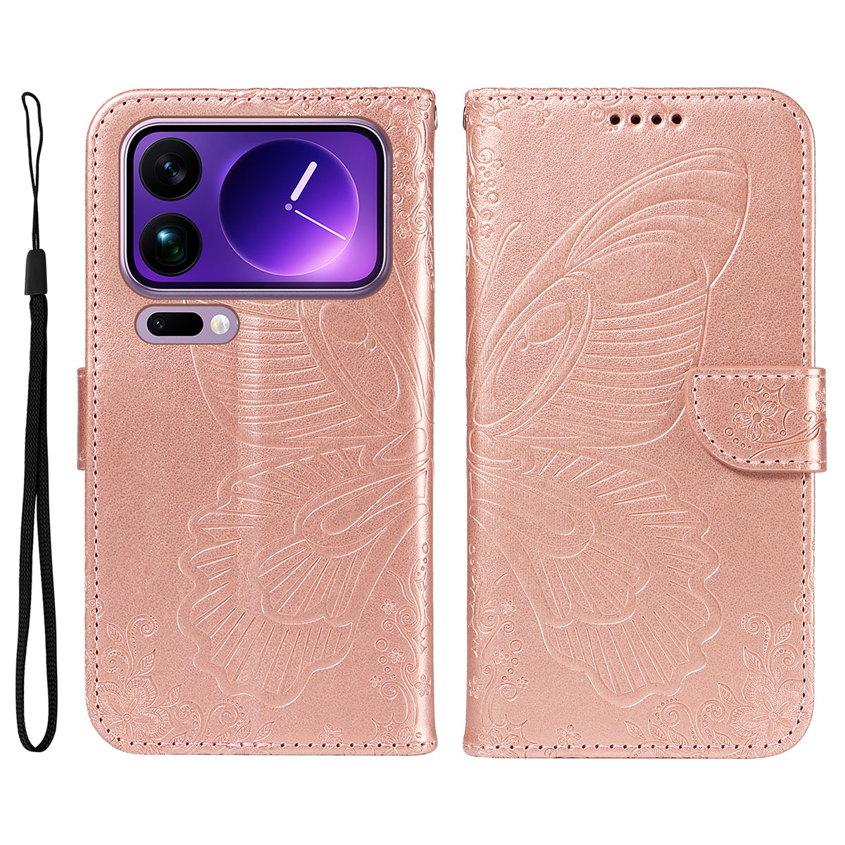 For Xiaomi 17 Pro Max Case Butterfly Pattern PU Leather Folio Flip Phone Cover -  Rose Gold