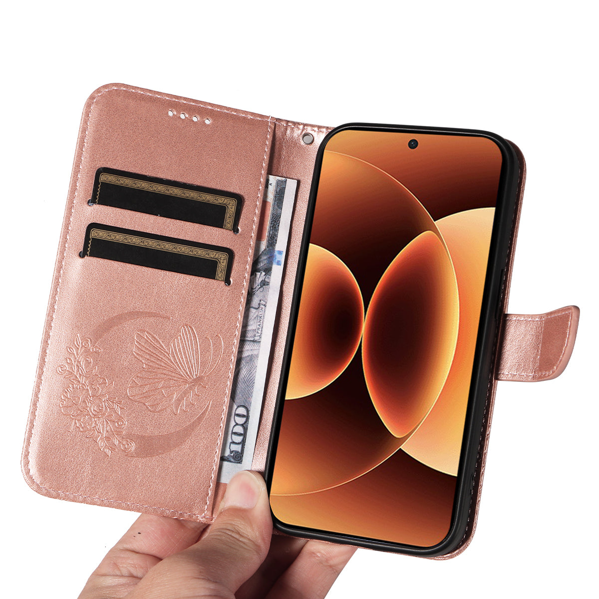 For Xiaomi 17 Pro Max Case Butterfly Pattern PU Leather Folio Flip Phone Cover -  Rose Gold