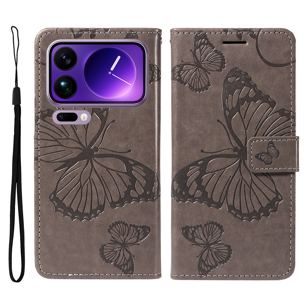 For Xiaomi 17 Pro Max Wallet Case Floral Butterfly Imprinted Leather Phone Cover Stand - Grey