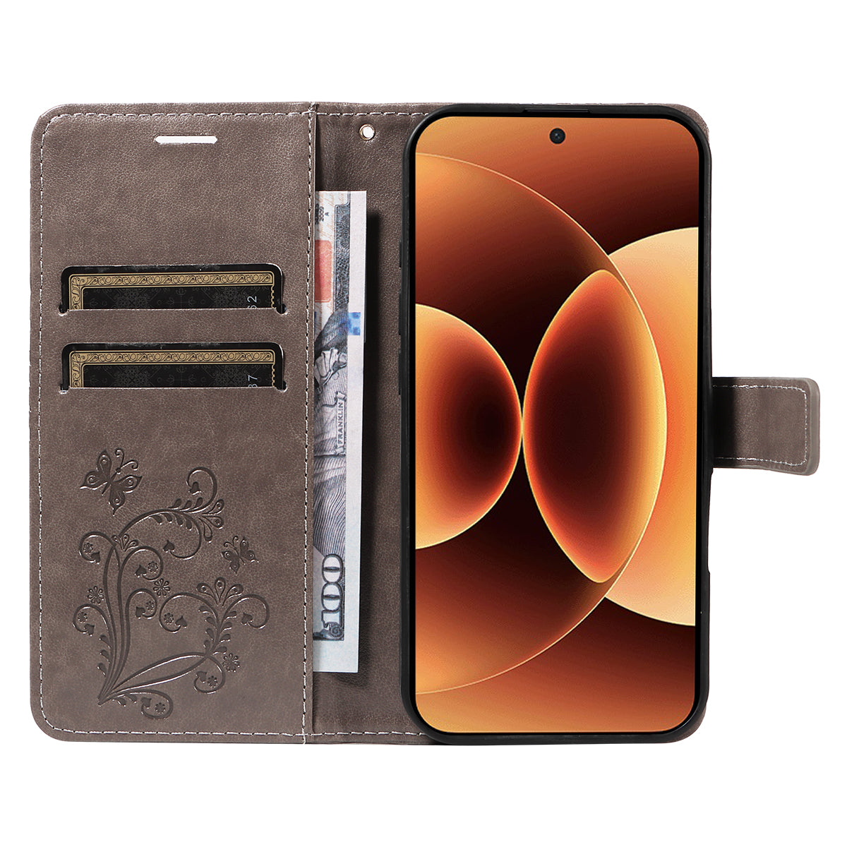For Xiaomi 17 Pro Max Wallet Case Floral Butterfly Imprinted Leather Phone Cover Stand - Grey