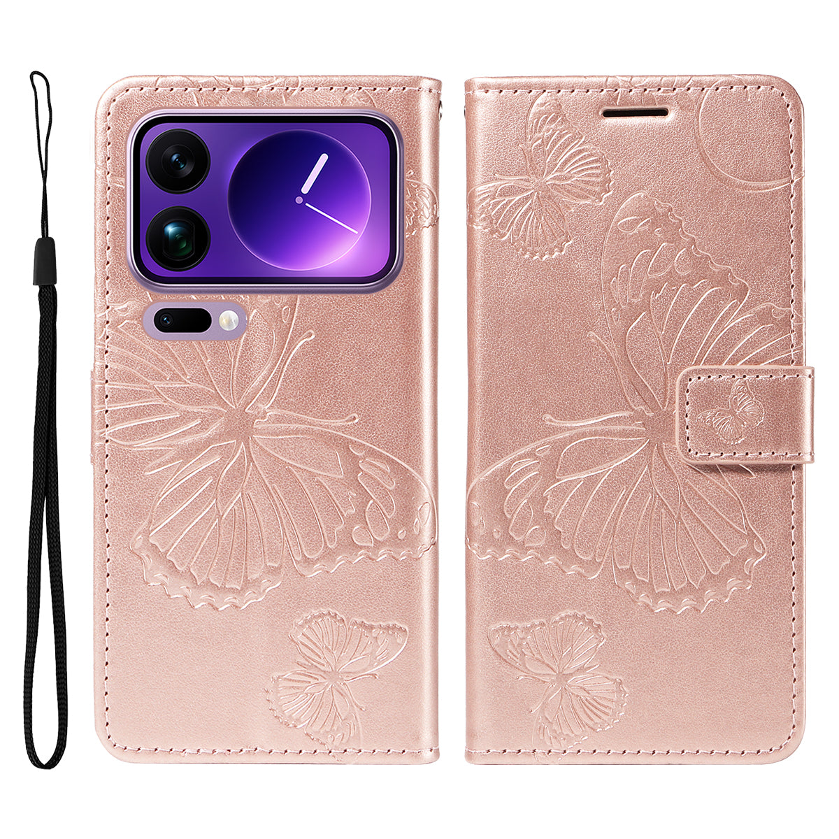 For Xiaomi 17 Pro Max Wallet Case Floral Butterfly Imprinted Leather Phone Cover Stand -  Rose Gold
