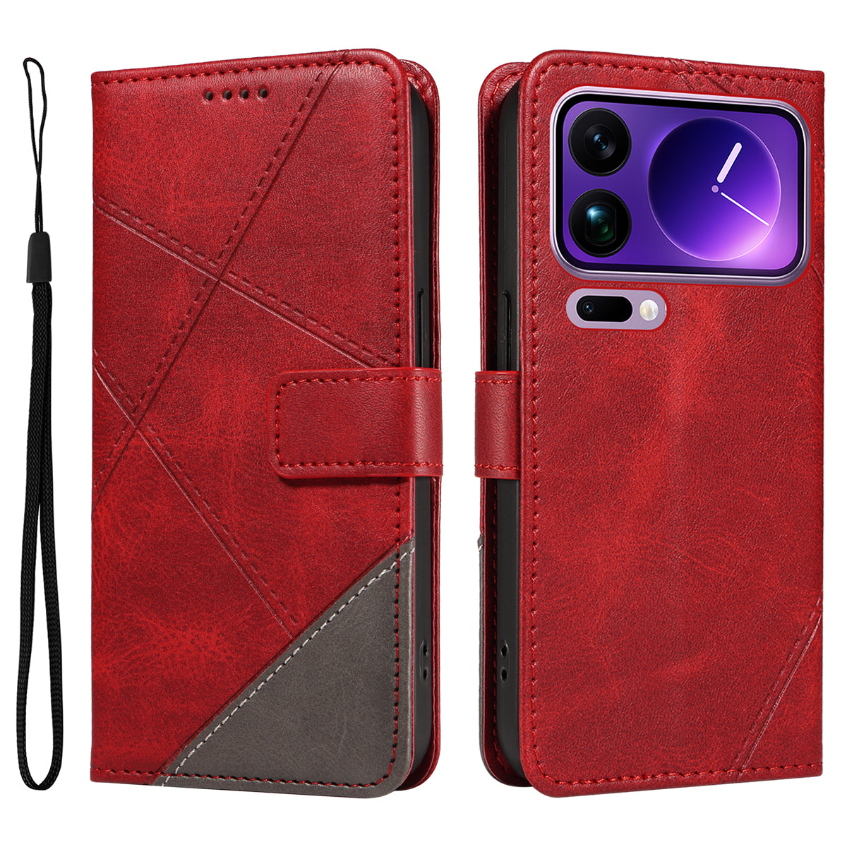 For Xiaomi 17 Pro Max Leather Case Geometric Line Design Wallet Phone Cover with Wrist Strap - Red
