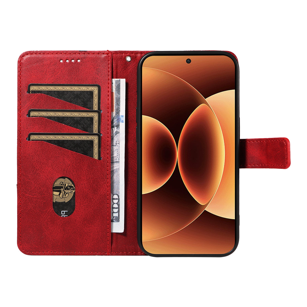 For Xiaomi 17 Pro Max Leather Case Geometric Line Design Wallet Phone Cover with Wrist Strap - Red