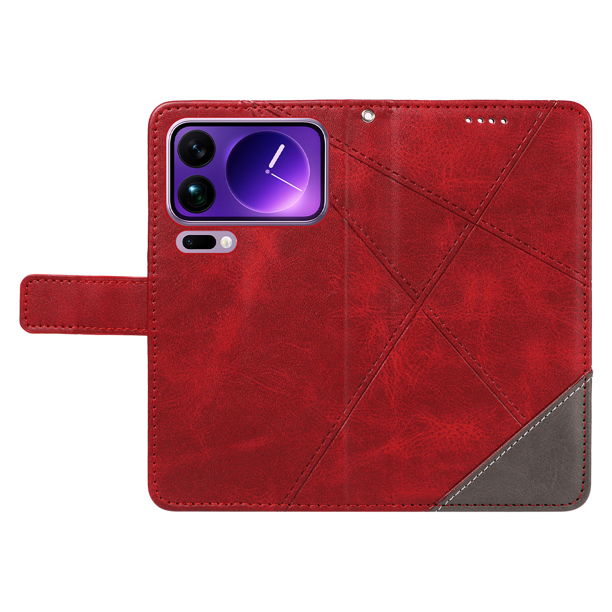 For Xiaomi 17 Pro Max Leather Case Geometric Line Design Wallet Phone Cover with Wrist Strap - Red
