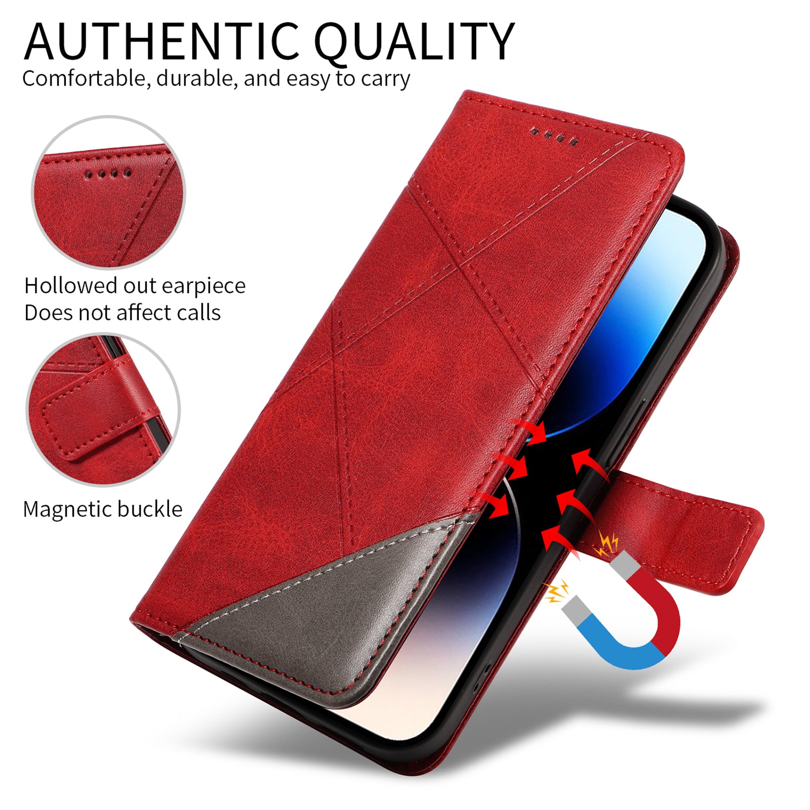 For Xiaomi 17 Pro Max Leather Case Geometric Line Design Wallet Phone Cover with Wrist Strap - Red
