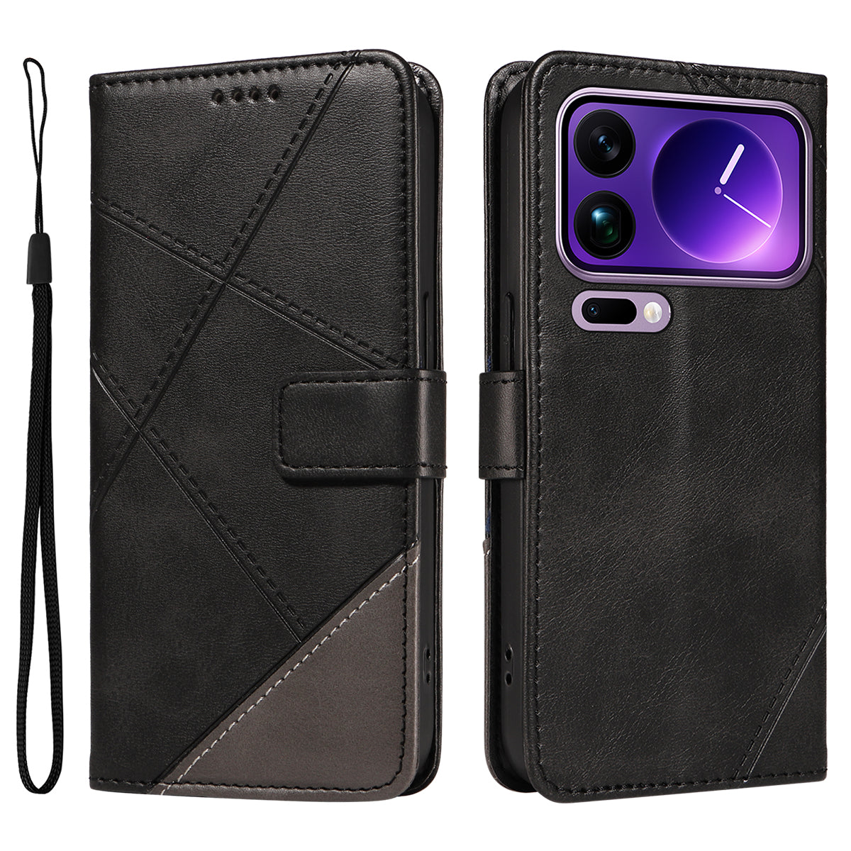 For Xiaomi 17 Pro Max Leather Case Geometric Line Design Wallet Phone Cover with Wrist Strap - Black