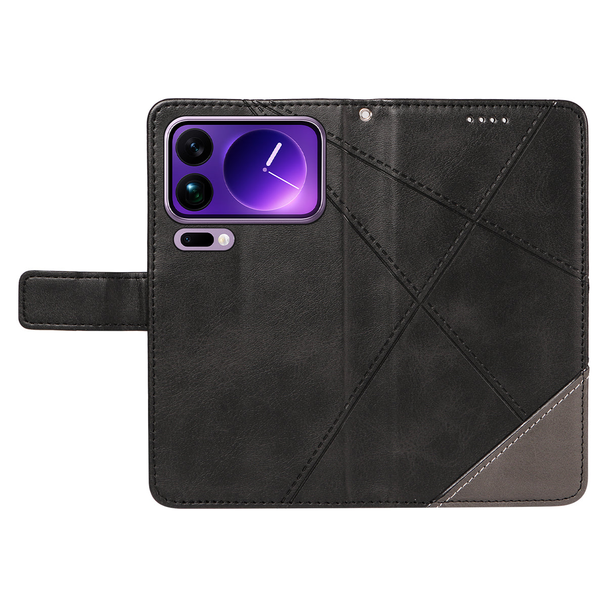 For Xiaomi 17 Pro Max Leather Case Geometric Line Design Wallet Phone Cover with Wrist Strap - Black