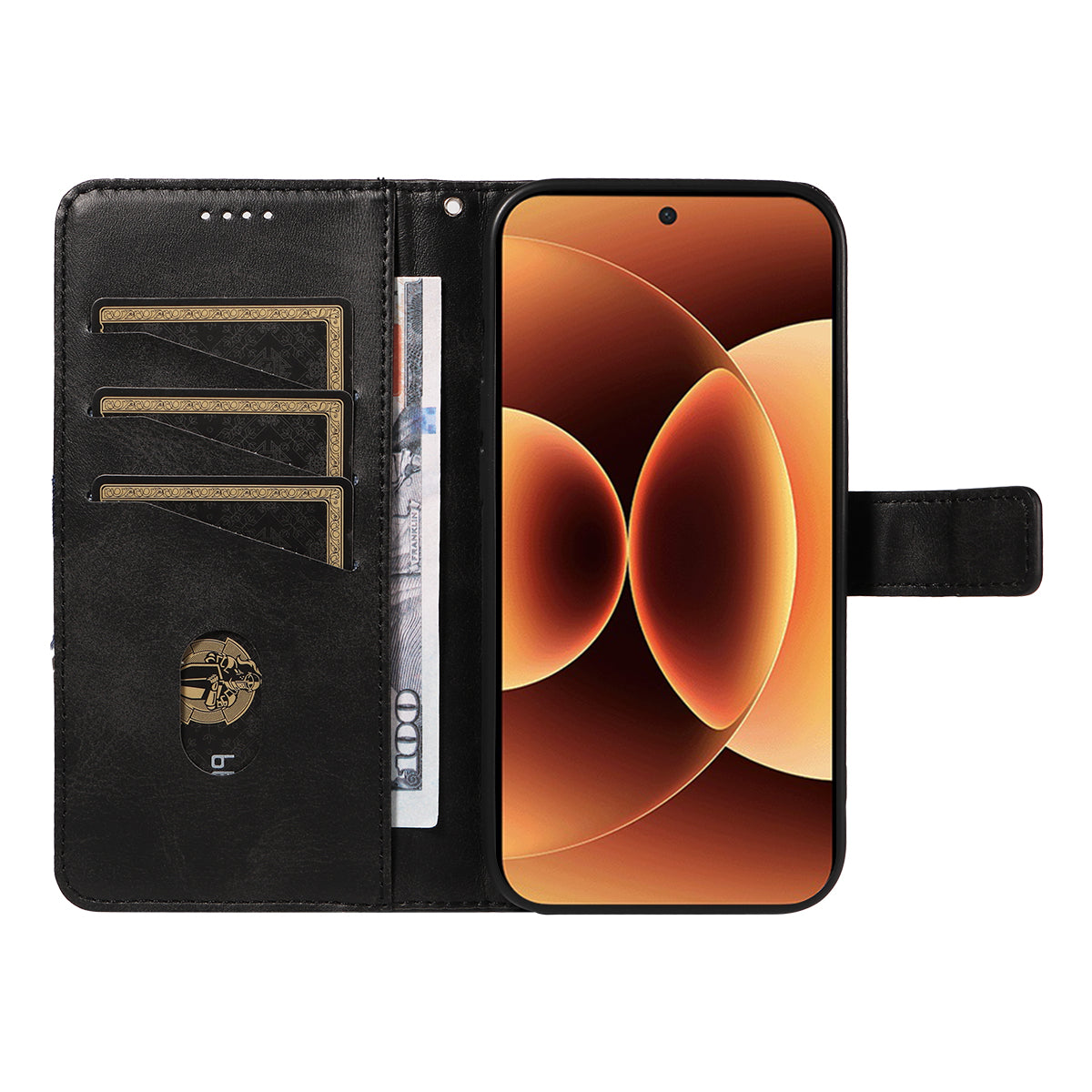 For Xiaomi 17 Pro Max Leather Case Geometric Line Design Wallet Phone Cover with Wrist Strap - Black