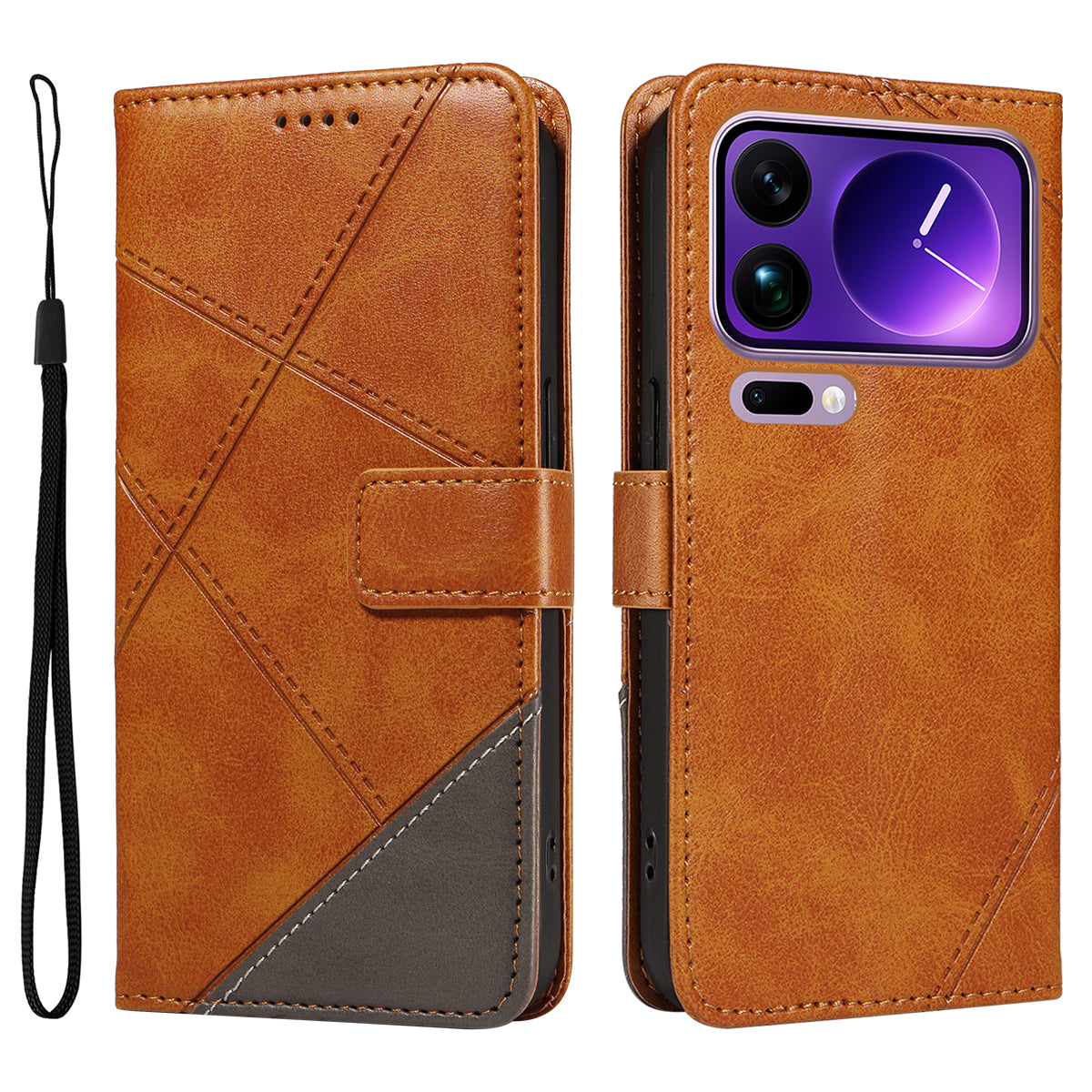 For Xiaomi 17 Pro Max Leather Case Geometric Line Design Wallet Phone Cover with Wrist Strap - Brown